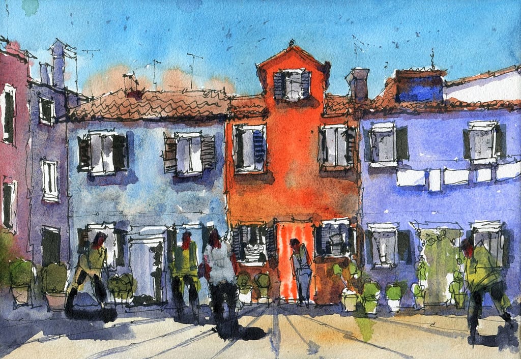 Line and Wash Watercolor Tutorial: Colorful Murano Houses