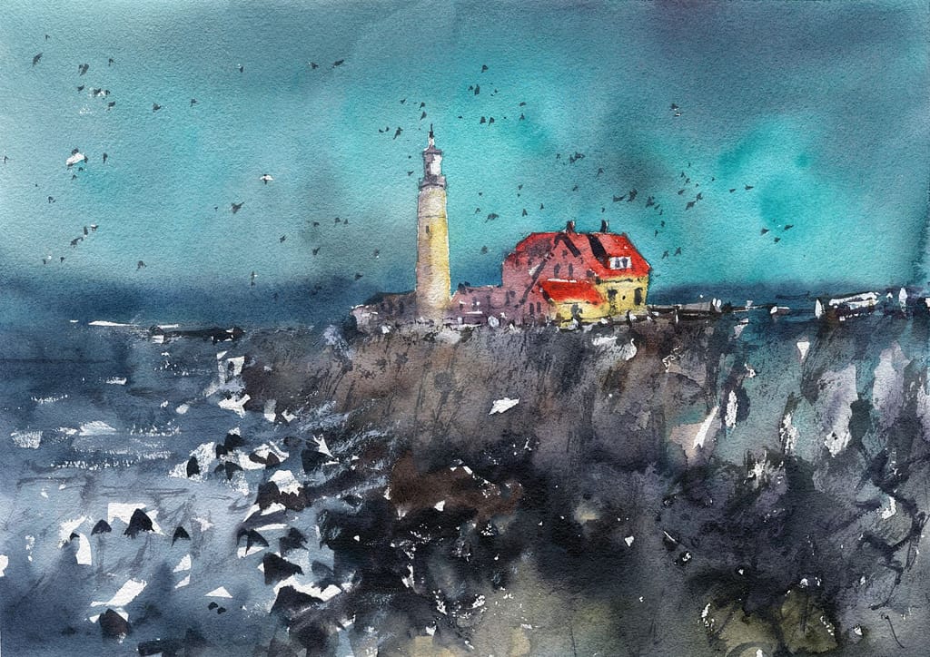 loose lighthouse scene watercolor